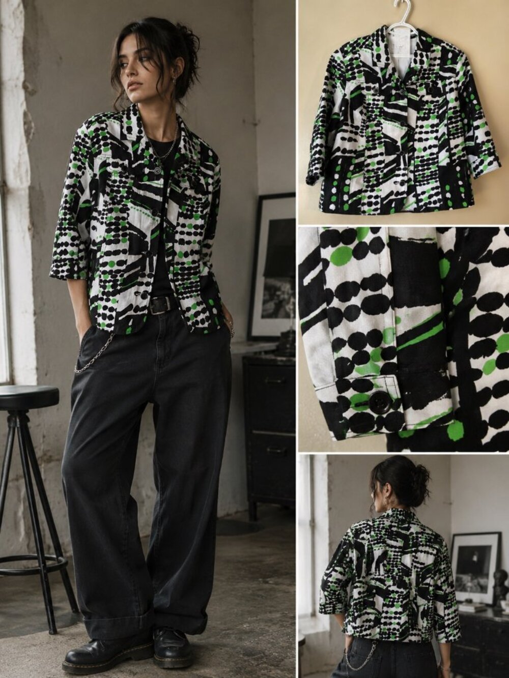 TanJay Abstract Print Button Front Jacket Blouse Black White Green Cropped